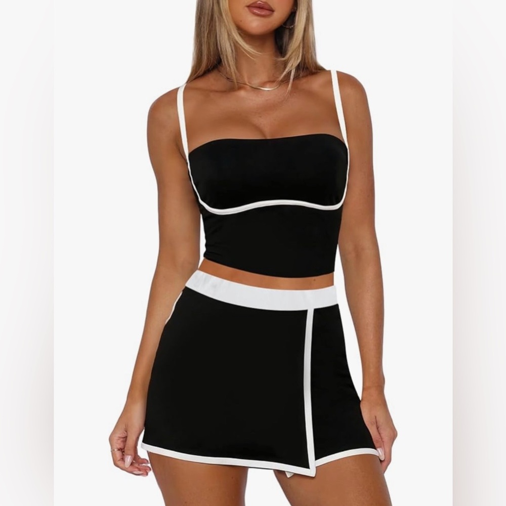 Amazon Brand TURVLAND Tennis Skirt Sets Women 2 Piece Outfit Black and White - L